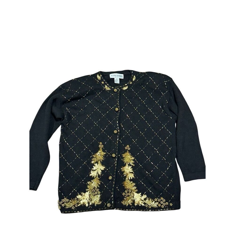 Victoria Harbour black gold embellished sequin beaded holiday sweater L